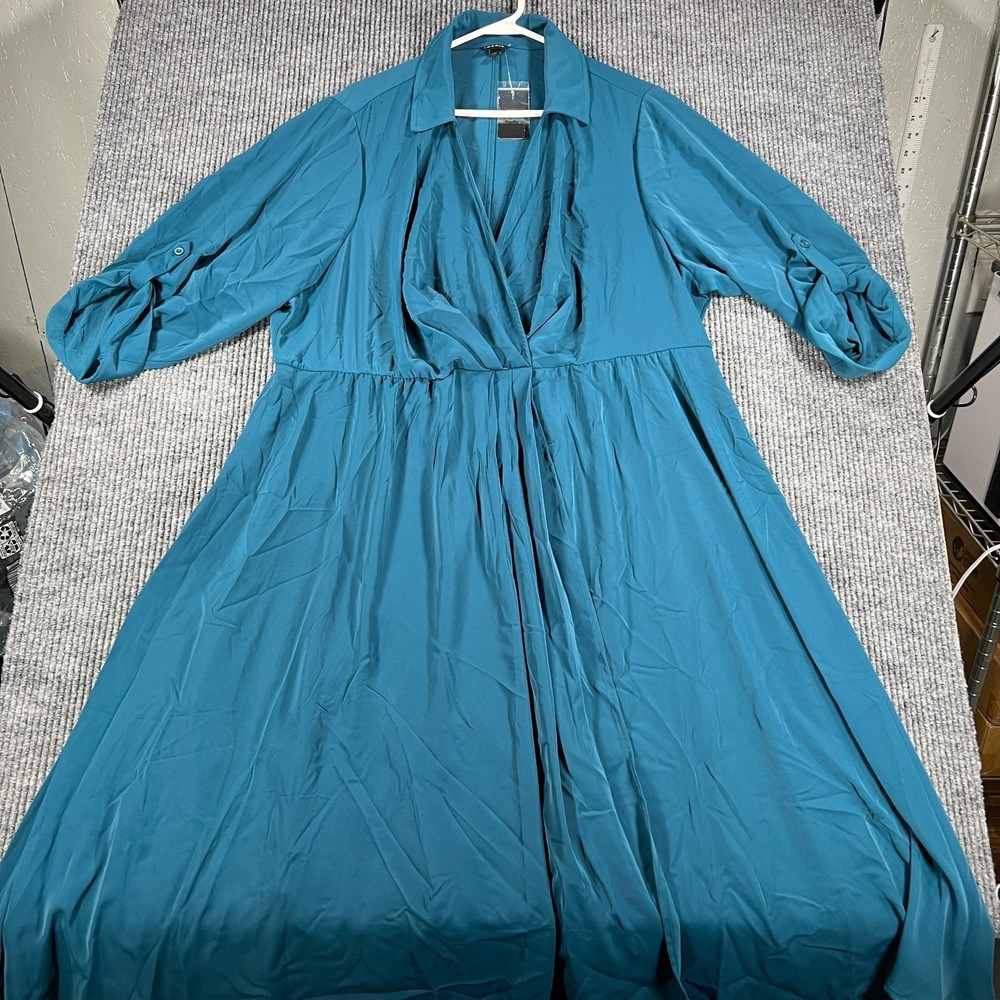Torrid Maxi Dress Womens 3 Teal Collared V Neck Long Sleeve Plus Size Flowy New - Picture 3 of 10